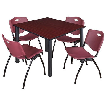 Kee 48" Square Breakroom Table, Mahogany/ Black and 4 'M' Stack Chairs, Burgundy
