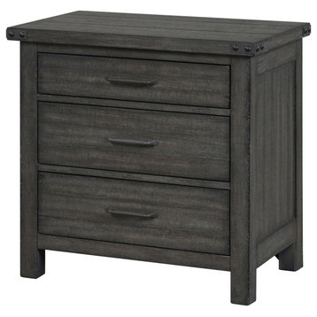 Rustic Nightstand, Poplar Wood Frame With Large Drawers and USB Ports, Gray