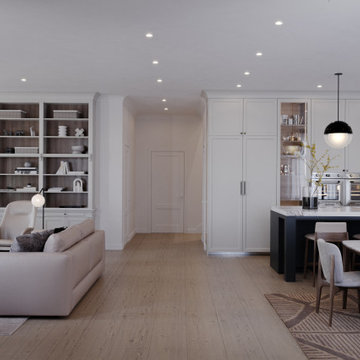 Warm and cozy living room, kitchen, and dining area