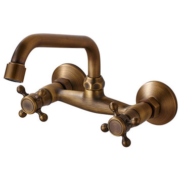 Wall Mounted 360 Swivel Spout Dual Handle Kitchen Faucet, Antique Brass