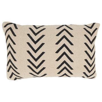 Cotton Pillow With Mudcloth Chevron Design, Natural, 12"x20", Down Filled