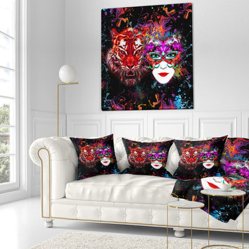 Tiger and Woman Colorful Faces Abstract Throw Pillow, 16"x16"