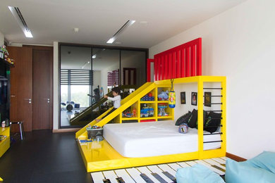 Inspiration for a contemporary linoleum floor bedroom remodel in Other with white walls