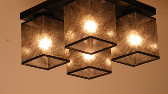 BASARI Ceiling Lights Wenge Brown Wood Four Dark Fabric Lamp Shades Big