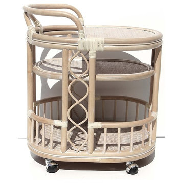 Trolly Serving Cart Bar Table Natural Rattan Wicker With Wheels, White Wash