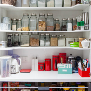 Imagen de cocina de estilo de casa de campo, grande, con despensa y suelo de madera oscura