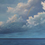 Alan Zawacki Fine Art - Large Original Tropical Rainbow and Storm Clouds Seascape - "Rainbow of Optimism" is an original 30"x48" acrylic tropical seascape painting on gallery wrap canvas. This painting portrays a momentary rainbow peeking out of the storm clouds over the ocean. The sun highlights the edges of the clouds and creates a rainbow through the moisture. "I really enjoyed creating this painting because of the freedom I felt in my brush strokes as I worked on the storm clouds. It is painted around the edges to create a continuation of the image on all sides. It is signed by me, the artist, and ready to hang as the perfect tropical focal point of your room."