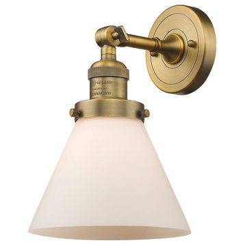 Large Cone 1-Light Sconce, Matte White Cased Glass, Brushed Brass