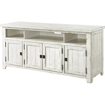 Rustic TV Console, Pine Wood Frame With 2 Cabinets and 3 Open Shelves, White
