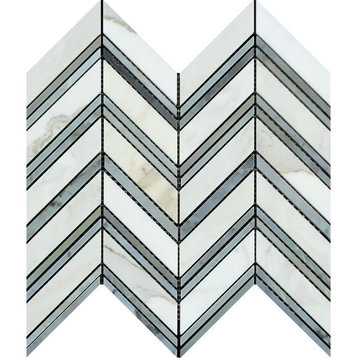 Calacatta Polished Large Chevron Mosaic With Blue-Gray Strips, 10 sheets