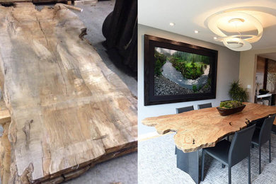 Raw slab before, live edge dining table after