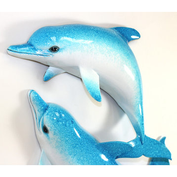 Swimming Blue Double Dolphins Wall Decor 18 Inch Plaque