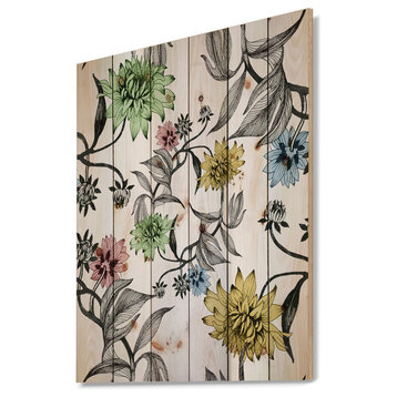 Designart H Drawn Summer Flowers Floral Painting Wood Wall Art 46x36