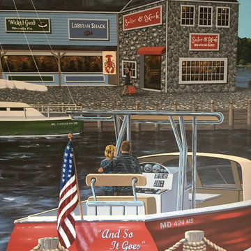 New England Harbor Town Mural, hand painted throughout a lower level