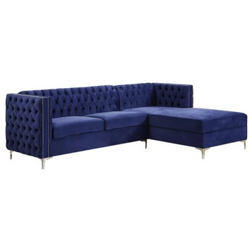 Sectional Sofa, Metal Legs, Cushioned Velvet Seat With Nailhead Trim, Navy Blue