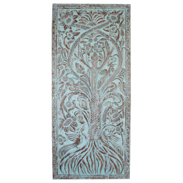 Consigned Tree of Life Carved Art, Sliding Barn Door, Kalpavriksha Wall Art