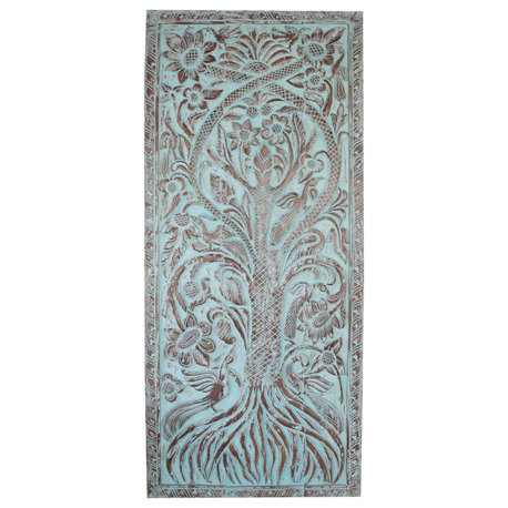 Consigned Tree of Life Carved Art, Sliding Barn Door, Kalpavriksha Wall Art