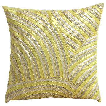Sequins & Beaded Yellow Art Silk 22"x22" Throw Pillow Covers, Pearly Yellow