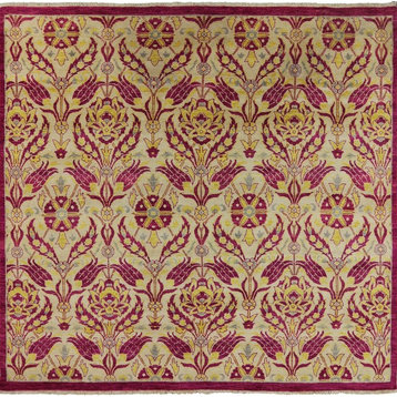 Square Modern Oriental Wool Suzani Area Rug, 8'3"x7'10"