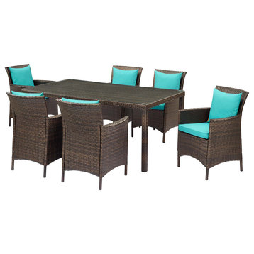 Side Dining Chair and Table Set, Rattan, Wicker, Brown Blue, Modern, Outdoor