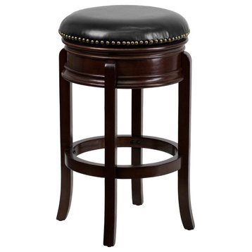 Cappuccino Bar Height Backless Swivel Stool-Nail Trimmed Black Faux Leather Seat