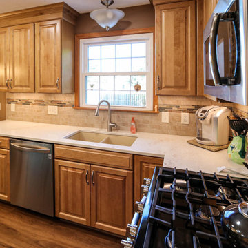 Two Tone Kitchen w/ Eucalyptus Green Island, Beige Quartz Countertops, Wine Bar