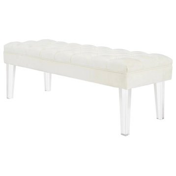 Modern Accent Bench, Acrylic Legs & Velvet Fabric Seat With Deep Tufting, Ivory
