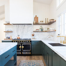 Marble, Shiplap, Wood Floors, Painted Cabinets
