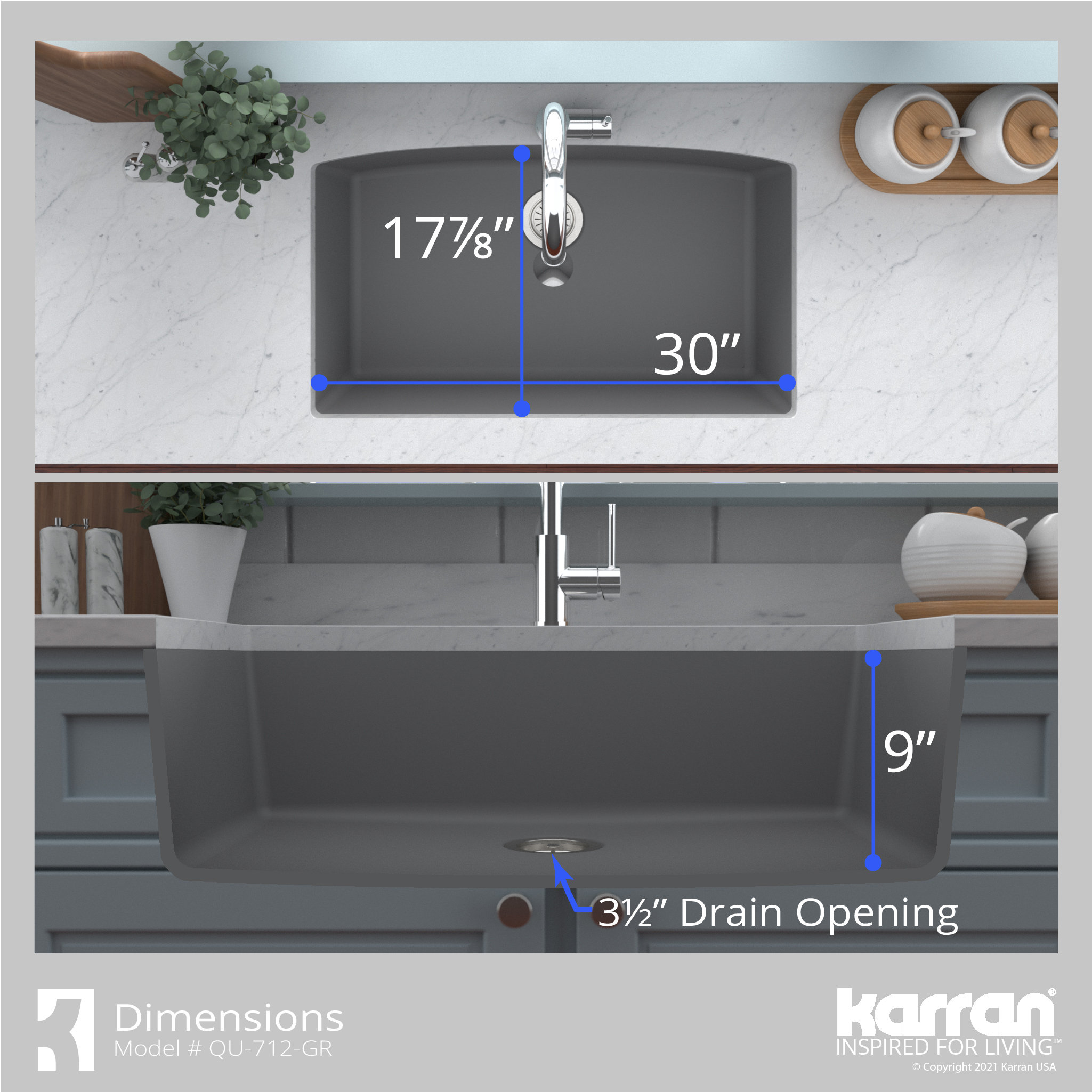 Karran Undermount Quartz 32" Single Bowl Kitchen Sink Kit, Grey
