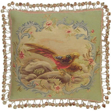 Aubusson Throw Pillow 20"x20" Two Pheasants Handwoven Fabric