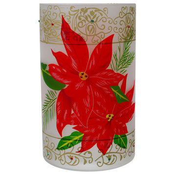 10" Hand-Painted Red/Gold Poinsettias Flameless Glass Christmas Candle Holder