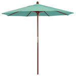March Products - 7.5' Wood Umbrella, Spectrum Mist - The classic look of a traditional wood market umbrella by California Umbrella is captured by the MARE design series.  The hallmark of the MARE series is the beautiful 100% marenti wood pole and rib system. The dark stained finish over a traditional marenti wood is perfect for outdoor dining rooms and poolside d-cor. The deluxe push lift system ensures a long lasting shade experience that commercial customers demand. This umbrella also features Sunbrella fabrics, which are built on a foundation of solution-dyed acrylic yarn, the most resilient and solid material for prolonged sun exposure, to offer even longer color retention rating than competing material sources.