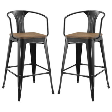 Bar Stool Chair Barstool, Set of 2, Wood, Metal, Black, Modern, Bar Pub Bistro