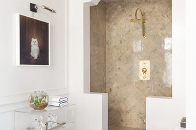 Bathroom - transitional beige tile marble floor and beige floor bathroom idea in San Francisco with a two-piece toilet, white walls and open cabinets