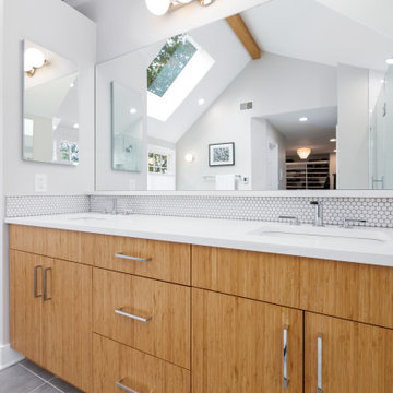 Master Bathroom with Bamboo Cabinet and Penny Tiles
