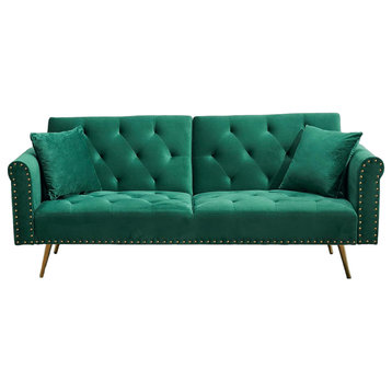 Traditional Futon, Velvet Seat & Rolled Arms With Nailhead Trim Accents, Green