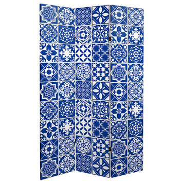 6' Tall Double Sided Blue and White Tile Canvas Room Divider