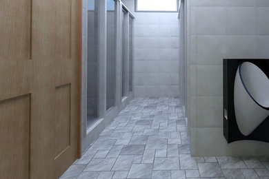 Beach style white tile and porcelain tile porcelain tile alcove shower photo in Other with an urinal, white walls, a vessel sink and granite countertops