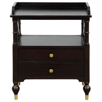 2-Drawer Solid Wood Nightstand with Open Shelf, Espresso, 27" Tall
