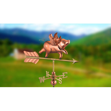 Polished Copper Flying Pig Weathervane, Garden Pole