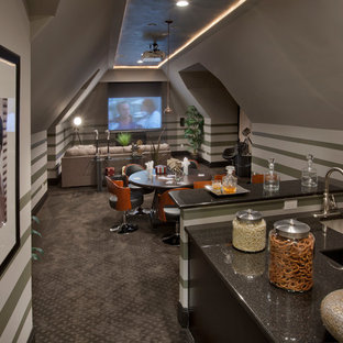 Transitional enclosed home theater photo in Charlotte with a projector screen