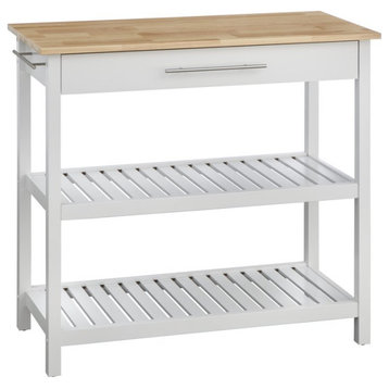 Minimalist Kitchen Cart, 2 Open Shelves & Drawer With Natural Top, White