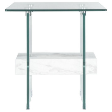 Leya Accent Table, Glass/Faux White Marble Shelf