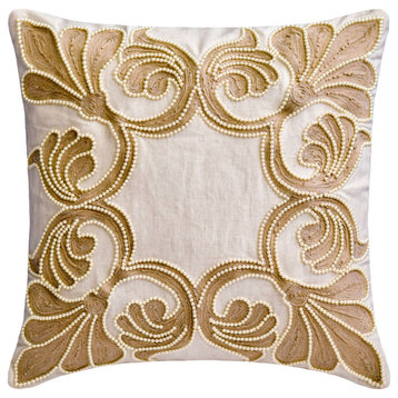 Beige Linen Embroidery, Jute and Pearl 22"x22" Throw Pillow Cover, Maisy