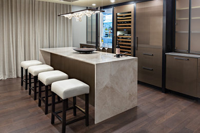 Seated home bar - large contemporary single-wall dark wood floor and brown floor seated home bar idea in Other with no sink, flat-panel cabinets, dark wood cabinets and marble countertops
