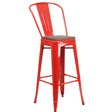 30" High Red Metal Barstool With Back and Wood Seat