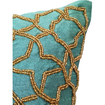 Blue Decorative Pillow Covers 24"x24" Silk, Teal Geometry