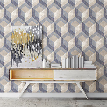 Rustic Wood Tile Blue Geometric Wallpaper