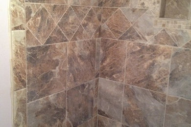 Inspiration for a modern green tile and porcelain tile bathroom remodel in Denver