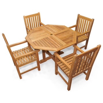 Teak Patio Dining Set, Octagon Table 48", 4 Block Island Chairs With Arm
